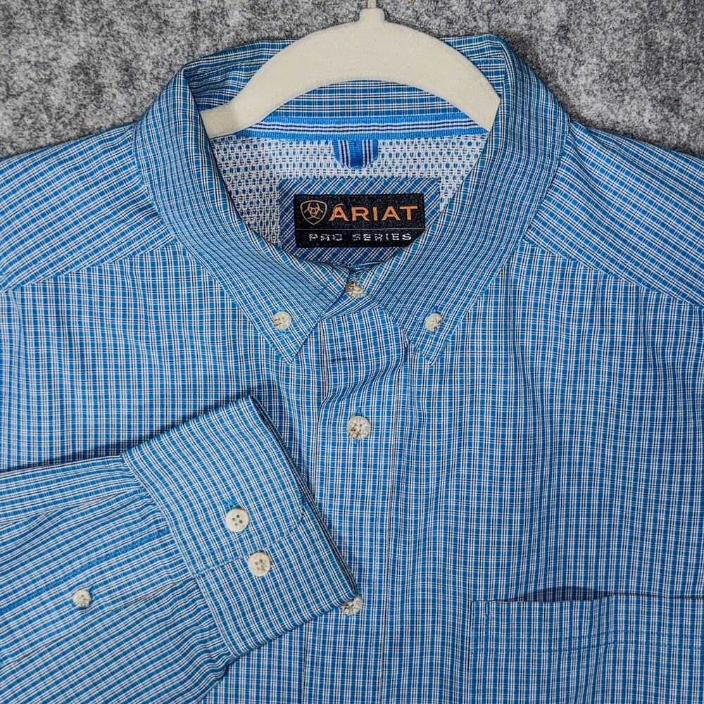 Ariat Pro Series Mens XL Plaid Long Sleeve Button Down Shirt Embroidered Blue